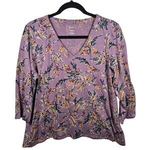 J Jill Pure Jill Top Womens L Purple Cotton Blend Long Sleeve V Neck Floral